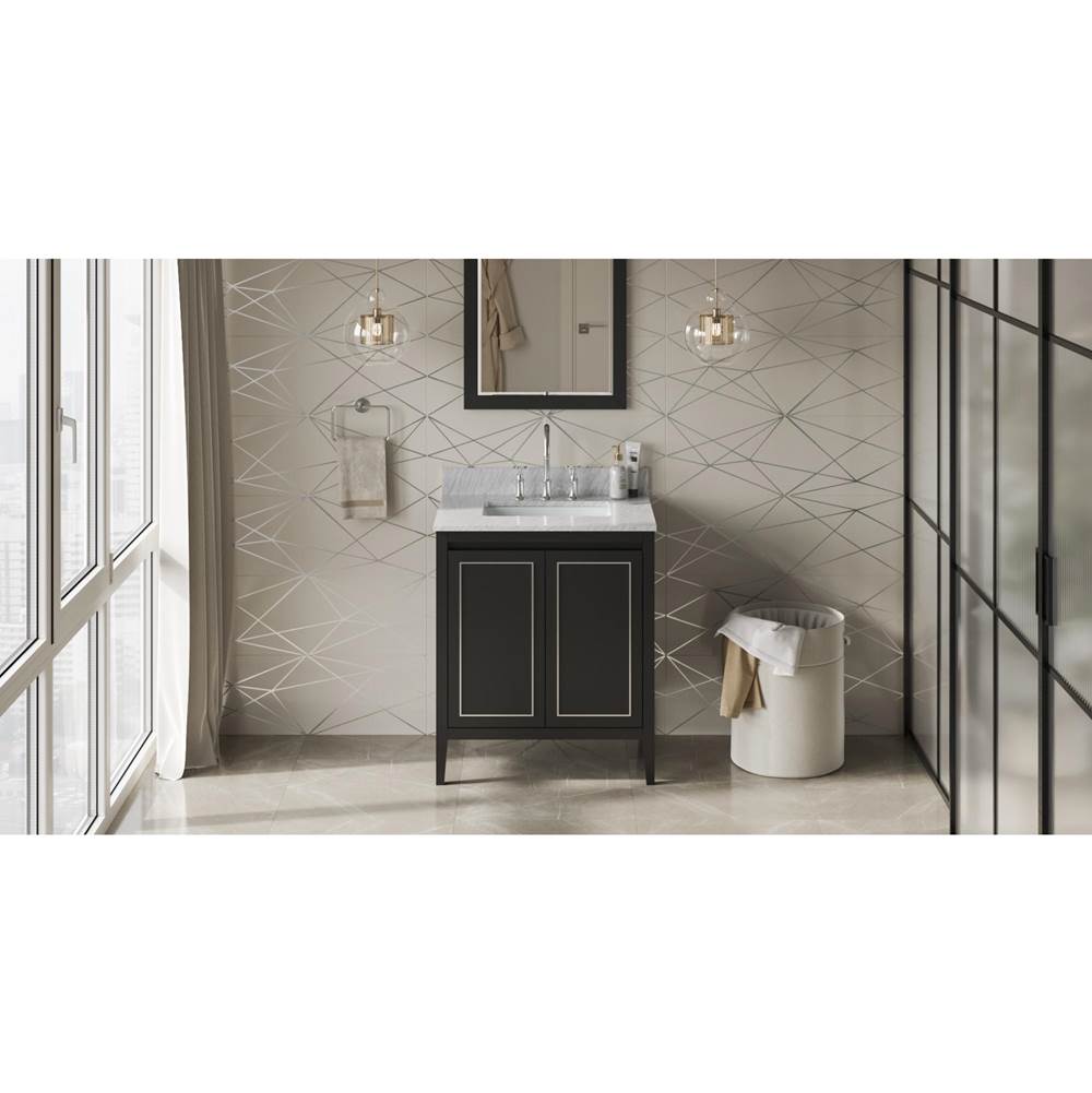 Jeffrey Alexander - 30'' Black Percival Vanity, White Carrara Marble Vanity Top, Undermount Rectangle Bowl - Black