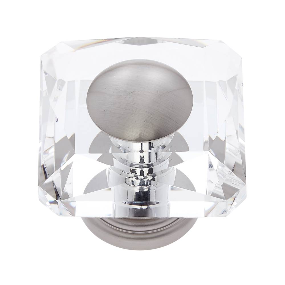 JVJ Hardware - Pure Elegance Collection Satin Nickel Finish 50 mm (2'') Square 31 percent Leaded Crystal Knob With Cap, Composition Leaded Crystal and Solid Brass - Satin Nickel