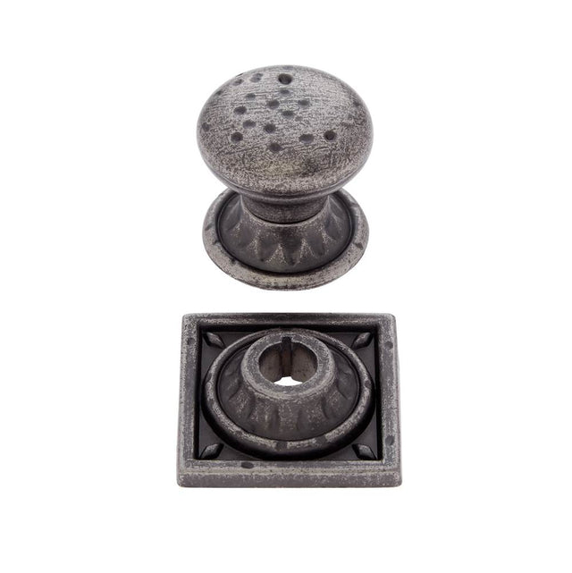 JVJ Hardware - Pompeii Collection Distressed Iron Finish 1-3/8'' Pitted Mushroom Knob with Round and Square Back Plates, Composition Zamac - Aged Iron