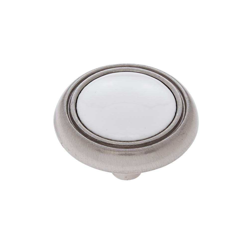 JVJ Hardware - Vintage Collection Satin Nickel Finish 1-1/4'' Knob w/White Porcelain Insert, Composition Zamac/Porcelain - Satin Nickel