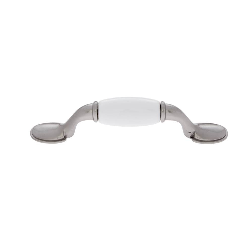JVJ Hardware - Vintage Collection Satin Nickel Finish 3'' c/c (4-7/8'' OA) Pull w/White Porcelain Inset, Composition Zamac/Porcelain - Satin Nickel