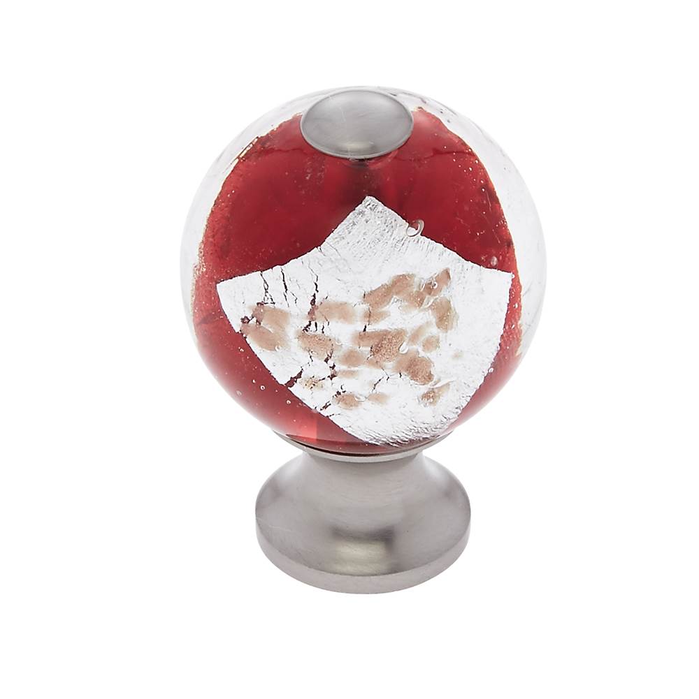 JVJ Hardware - Murano Collection Satin Nickel Finish 30 mm Red w/Gold and Silver Round Glass Knob, Composition Glass and Solid Brass - Satin Nickel