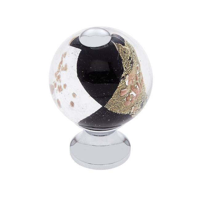 JVJ Hardware - Murano Collection Polished Chrome Finish 30 mm Black w/Gold and Silver Round Glass Knob, Composition Glass and Solid Brass - Polished Chrome