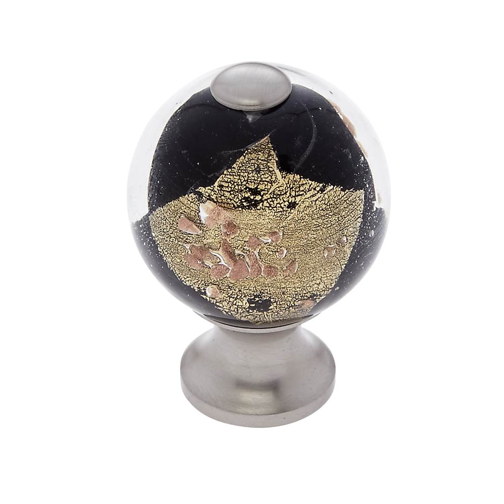 JVJ Hardware - Murano Collection Satin Nickel Finish 30 mm Black w/Gold and Silver Round Glass Knob, Composition Glass and Solid Brass - Satin Nickel