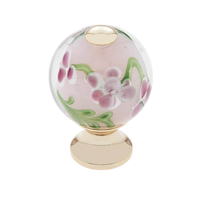 JVJ Hardware - Murano Collection 24K Gold Plated Finish 30 mm Clear w/Purple Flowers Round Glass Knob, Composition Glass and Solid Brass - 24k Gold