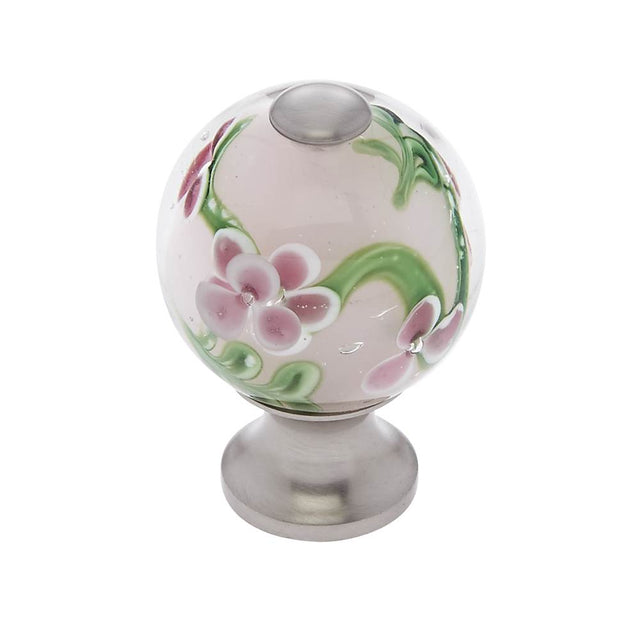 JVJ Hardware - Murano Collection Satin Nickel Finish 30 mm Clear w/Purple Flowers Round Glass Knob, Composition Glass and Solid Brass - Satin Nickel
