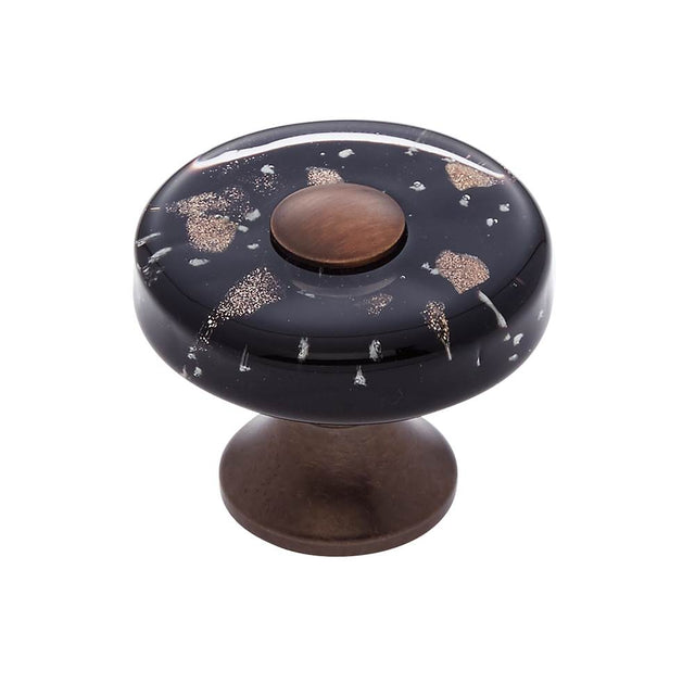 JVJ Hardware - Murano Collection Old World Bronze Finish 35 mm Black w/Copper Flecks Flat Round Glass Knob, Composition Glass and Solid Brass - Old World Bronze