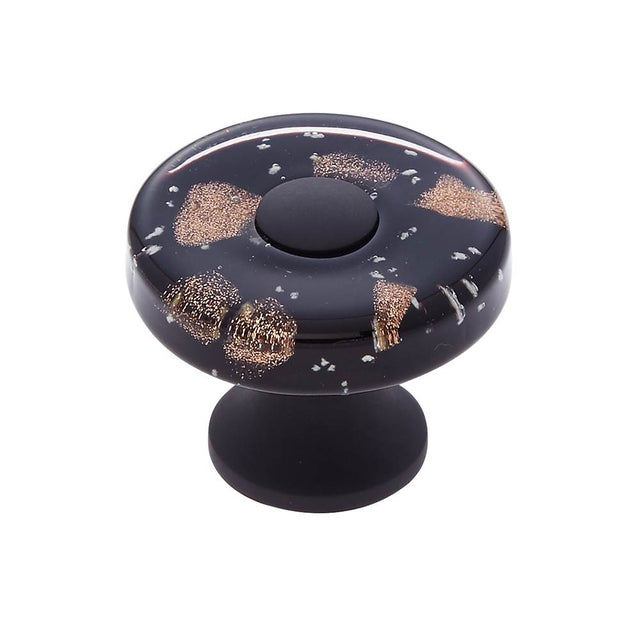 JVJ Hardware - Murano Collection Oil Rubbed Bronze Finish 35 mm Black w/Copper Flecks Flat Round Glass Knob, Composition Glass and Solid Brass - Oil Rubbed Bronze