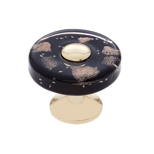 JVJ Hardware - Murano Collection 24K Gold Plated Finish 35 mm Black w/Copper Flecks Flat Round Glass Knob, Composition Glass and Solid Brass - 24k Gold