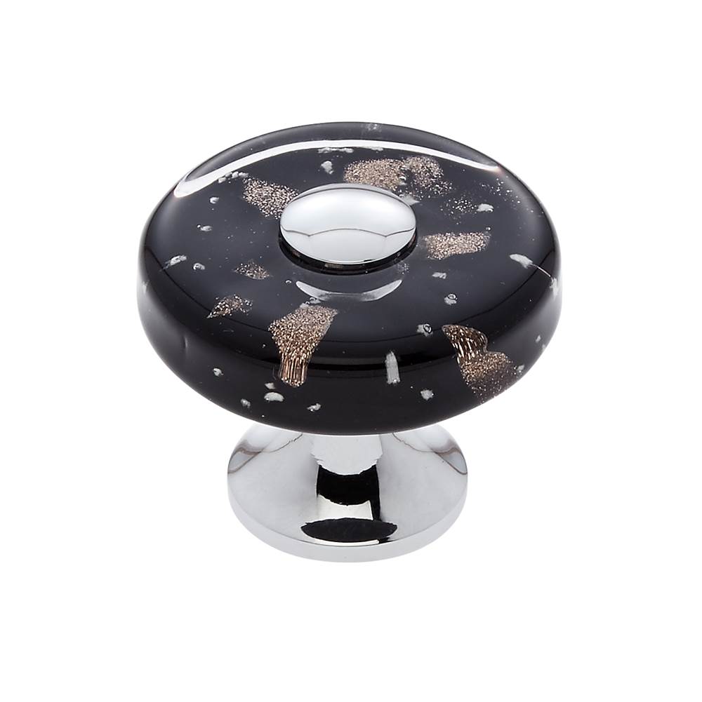 JVJ Hardware - Murano Collection Polished Chrome Finish 35 mm Black w/Copper Flecks Flat Round Glass Knob, Composition Glass and Solid Brass - Polished Chrome