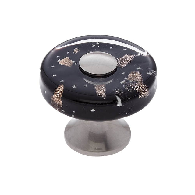 JVJ Hardware - Murano Collection Satin Nickel Finish 35 mm Black w/Copper Flecks Flat Round Glass Knob, Composition Glass and Solid Brass - Satin Nickel