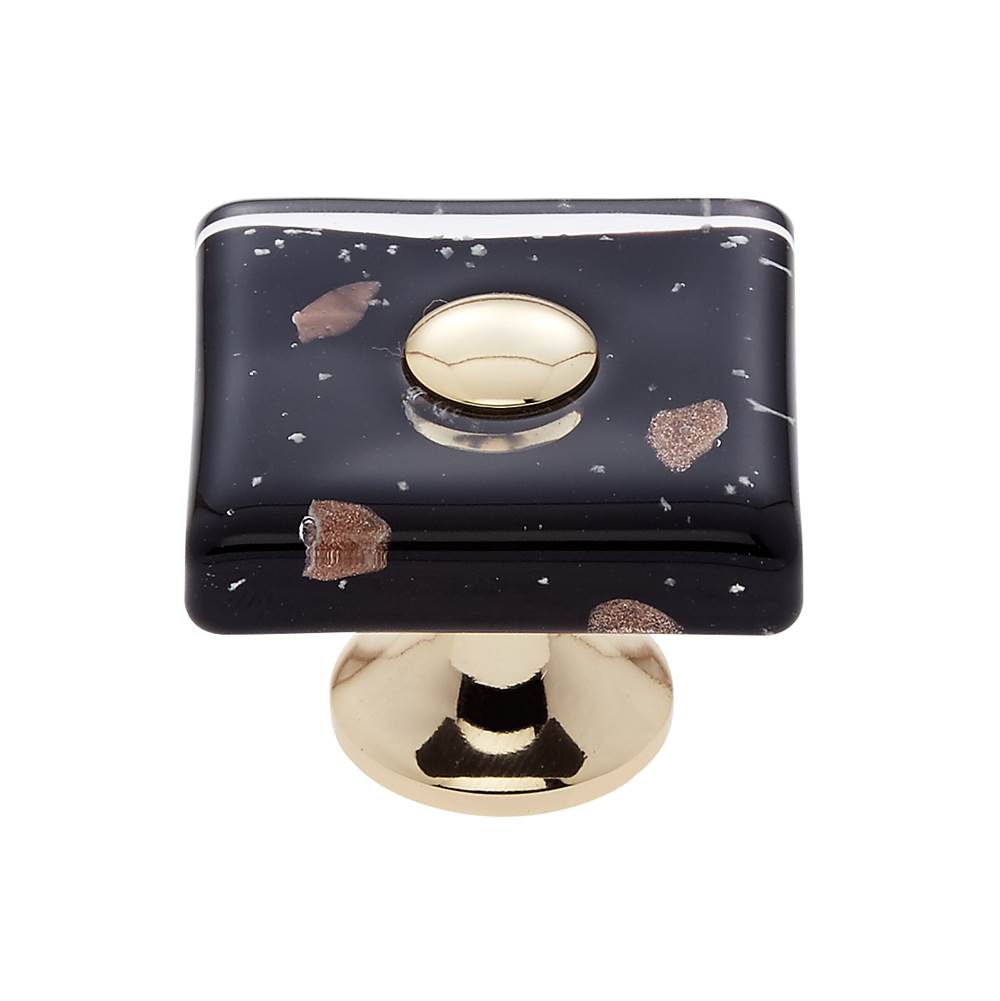 JVJ Hardware - Murano Collection 24K Gold Plated Finish 35 mm Black w/Copper Flecks Flat Square Glass Knob, Composition Glass and Solid Brass - 24k Gold