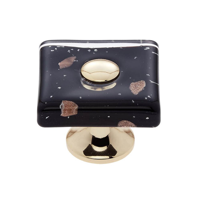 JVJ Hardware - Murano Collection 24K Gold Plated Finish 35 mm Black w/Copper Flecks Flat Square Glass Knob, Composition Glass and Solid Brass - 24k Gold