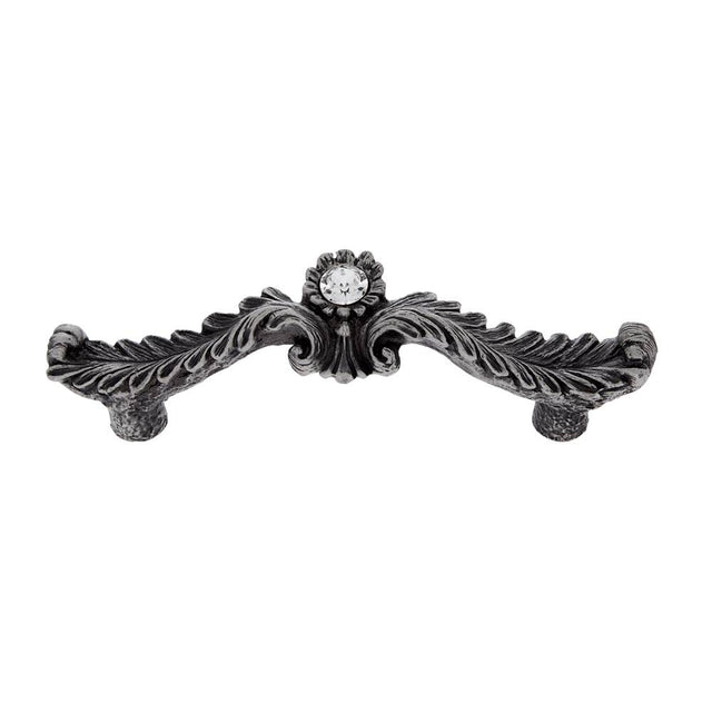 JVJ Hardware - Pure Elegance Collection Solid Pewter Finish 31 percent Leaded Crystal 96 mm c/c Acanthus Leaf Pull with Crystal Inset Flower in Center - Pewter