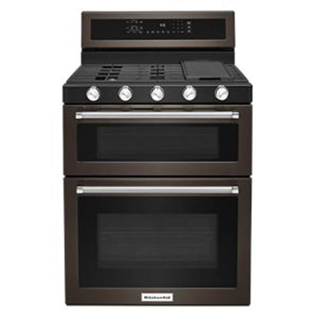 Kitchen Aid - 30 in. Self-Cleaning Convection Freestanding Gas Double Oven Range - Black Stainless