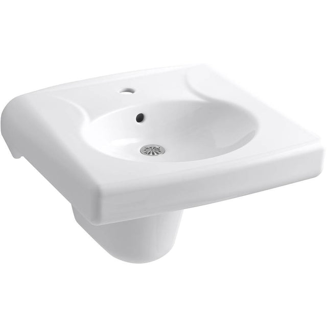Kohler - BrenhamE Wall-mount or concealed carrier arm mount commercial bathroom sink with single faucet hole and shroud, antimicrobial finish - White