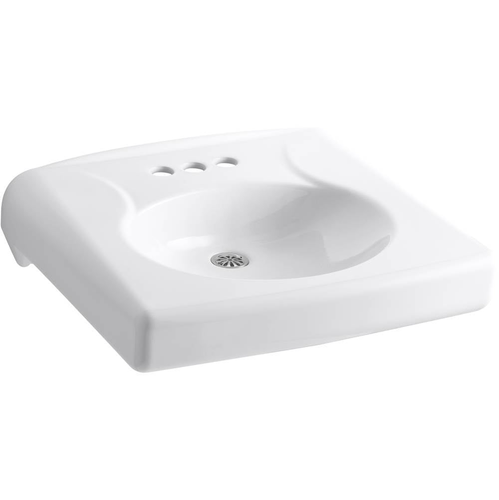 Kohler - BrenhamE Wall-mount or concealed carrier arm mount commercial bathroom sink with 4'' centerset faucet holes and no overflow, antimicrobial finish - White