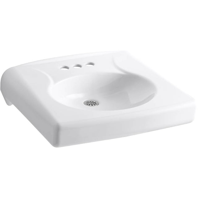 Kohler - BrenhamE Wall-mount or concealed carrier arm mount commercial bathroom sink with 4'' centerset faucet holes and no overflow, antimicrobial finish - White