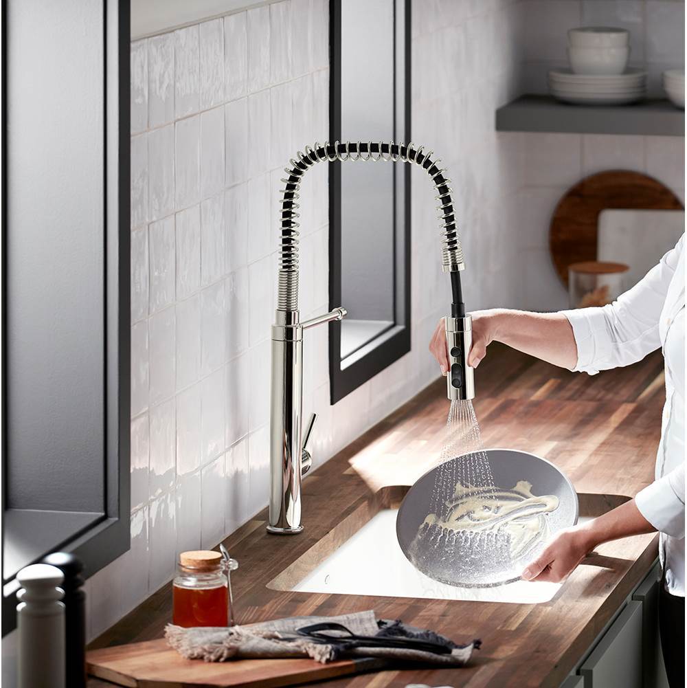 Purist Semi-professional kitchen sink faucet with three-function sprayhead