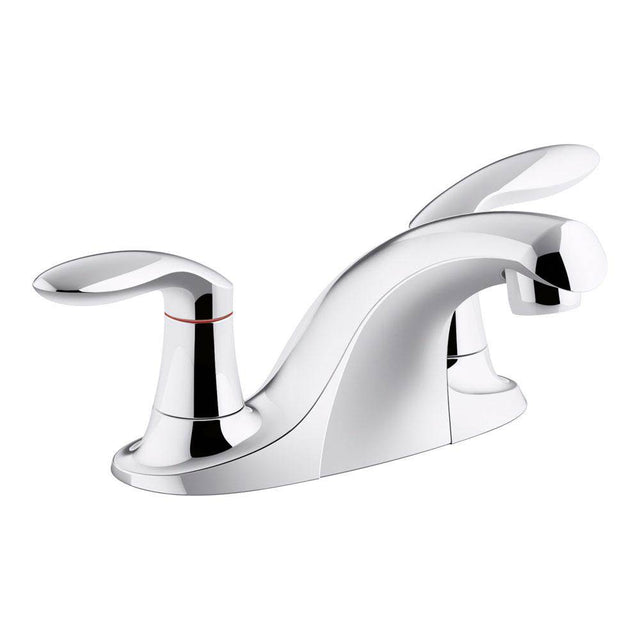 Kohler - Coralais Two-handle centerset bathroom sink faucet with 0.5 gpm vandal-resistant aerator and red/blue indicator, less drain - Polished Chrome
