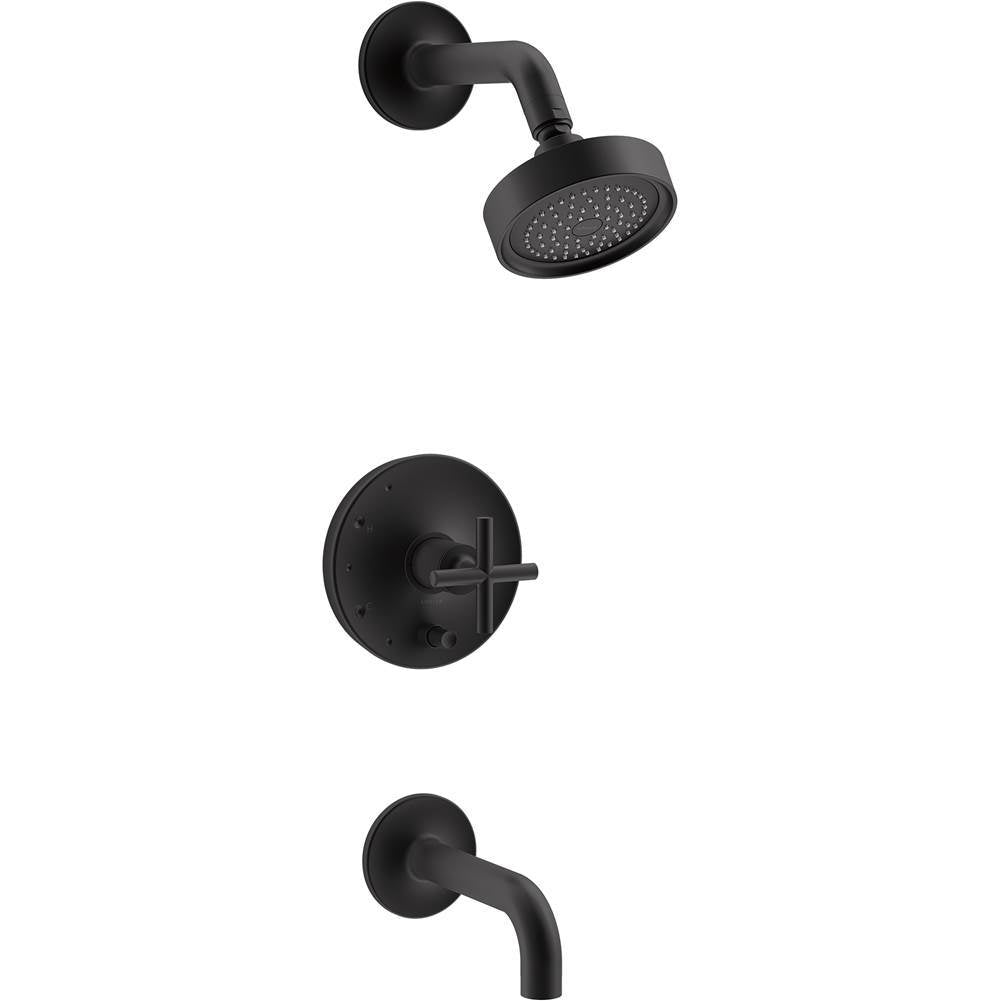 Kohler - Purist Rite-Temp bath and shower trim kit with push-button diverter and cross handle, 2.5 gpm - Matte Black