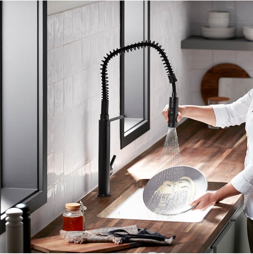 Purist Semi-professional kitchen sink faucet with three-function sprayhead