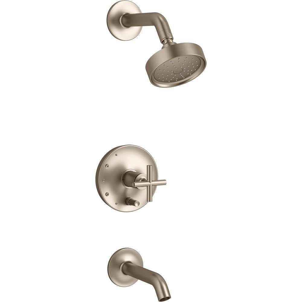 Kohler - Purist Rite-Temp bath and shower trim kit with push-button diverter and cross handle, 1.75 gpm - Vibrant Brushed Bronze