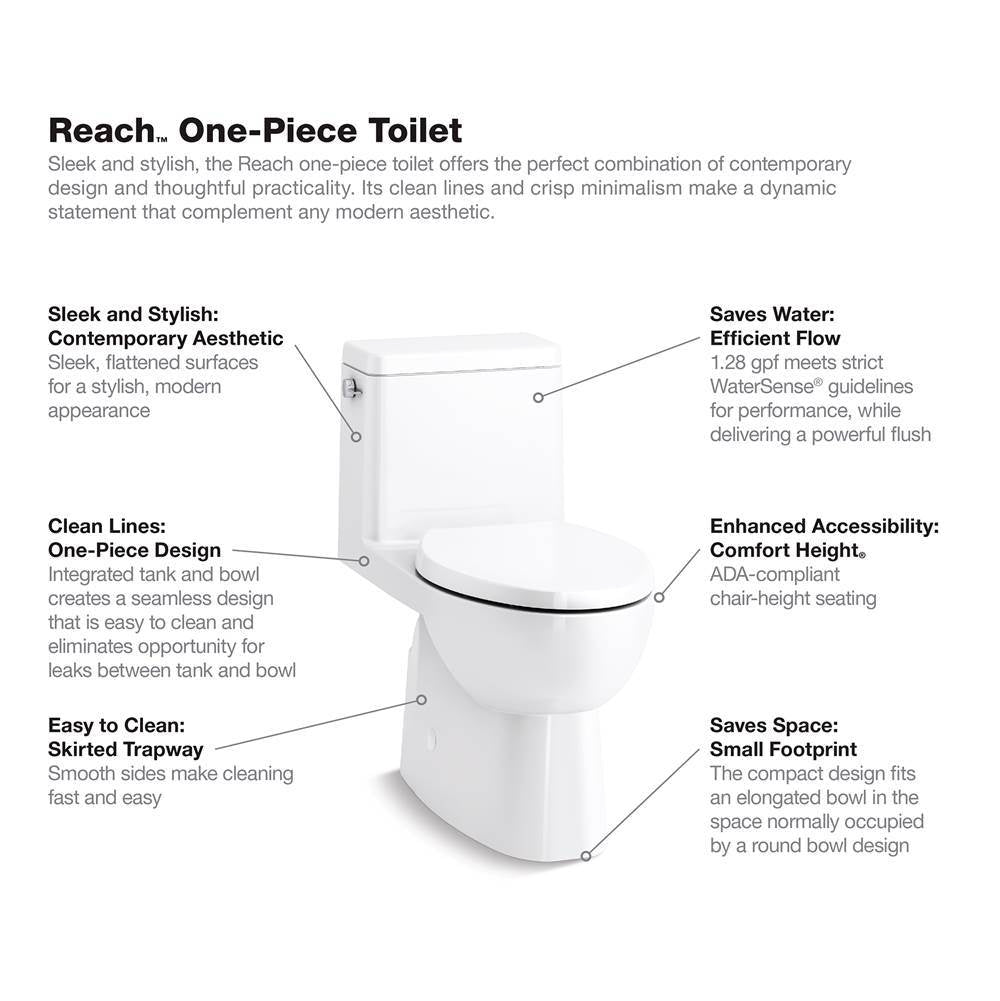 Reach One-piece compact elongated toilet with skirted trapway, 1.28 gpf