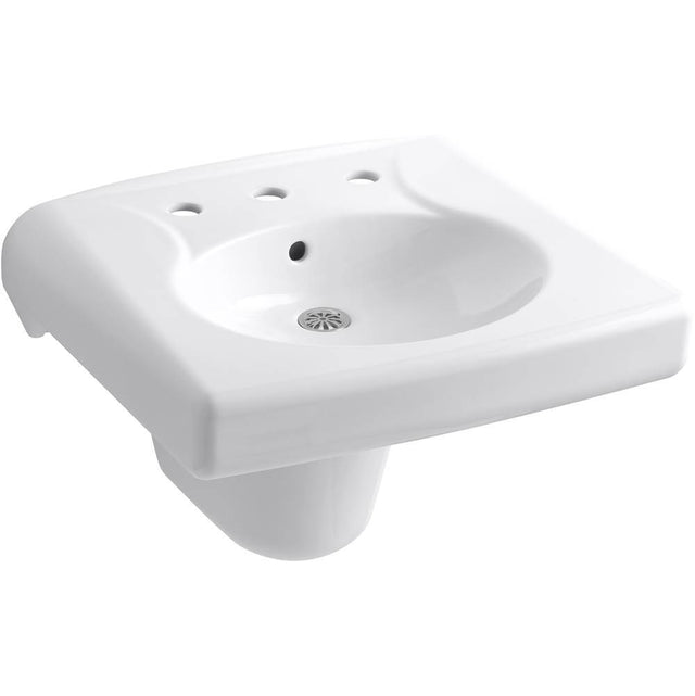 Kohler - BrenhamE Wall-mount or concealed carrier arm mount commercial bathroom sink with widespread faucet holes and shroud, antimicrobial finish - White