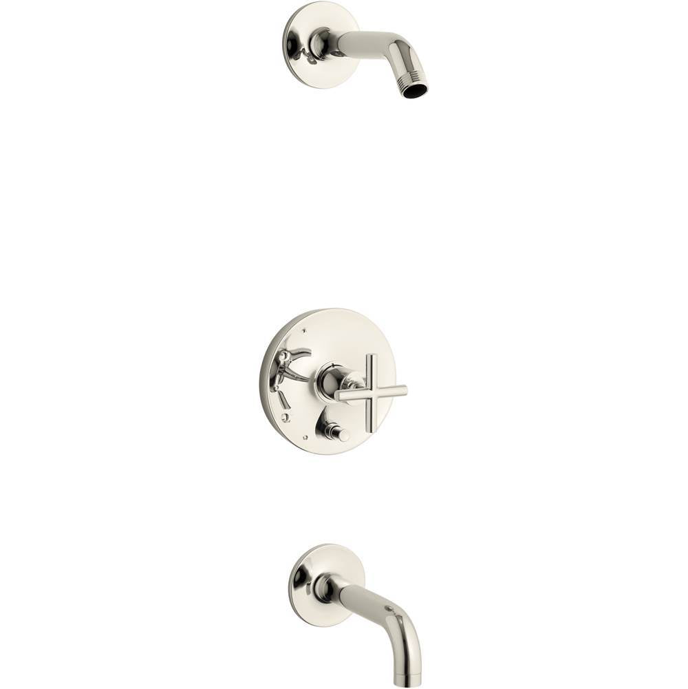 Kohler - Purist Rite-Temp bath and shower trim kit with push-button diverter and cross handle, without showerhead - Vibrant Polished Nickel
