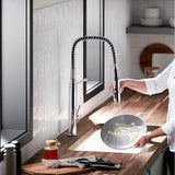 Purist Semi-professional kitchen sink faucet with three-function sprayhead