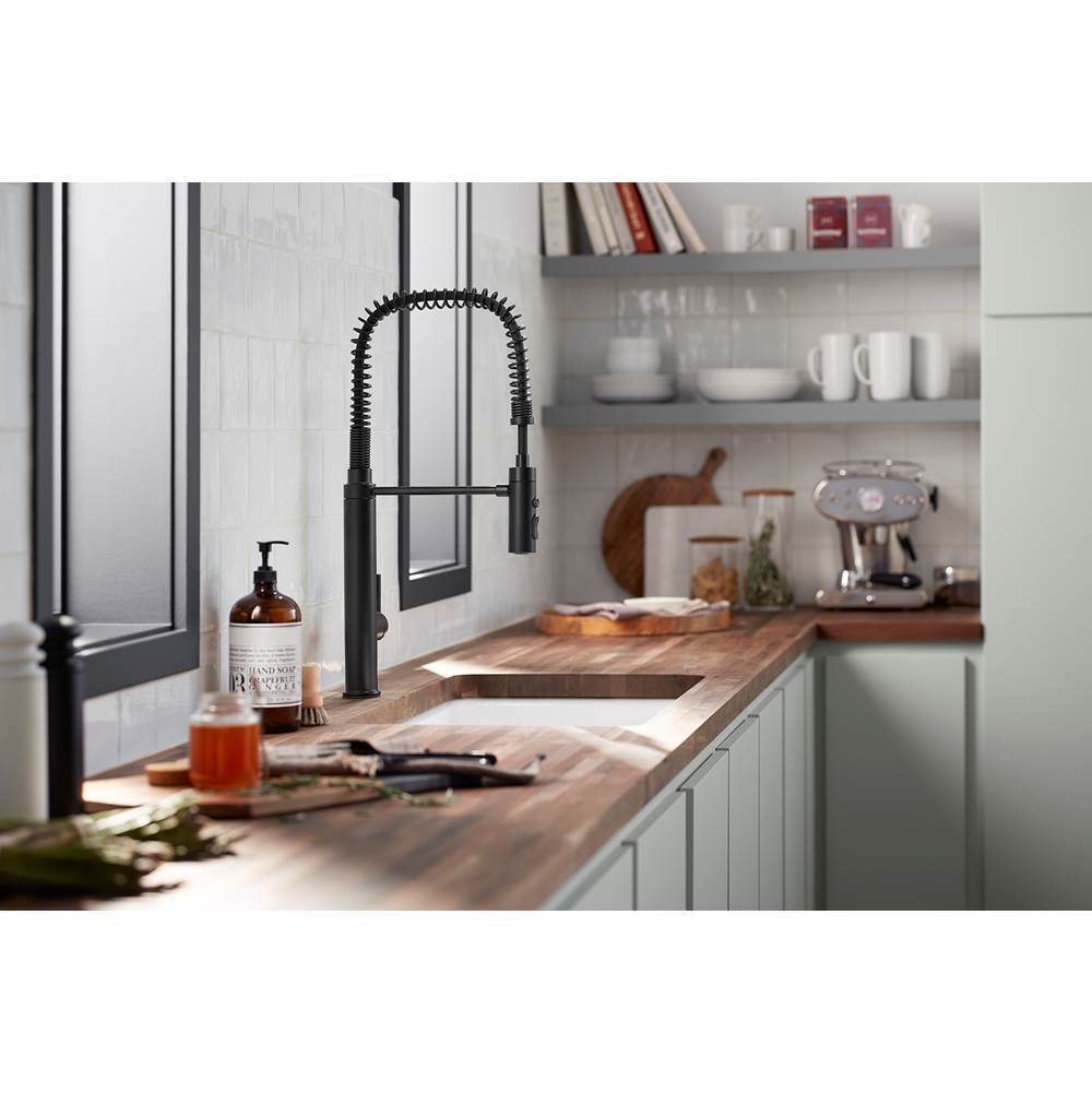 Purist Semi-professional kitchen sink faucet with three-function sprayhead