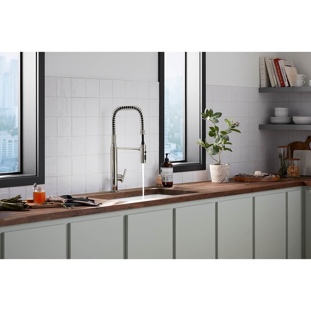 Purist Semi-professional kitchen sink faucet with three-function sprayhead