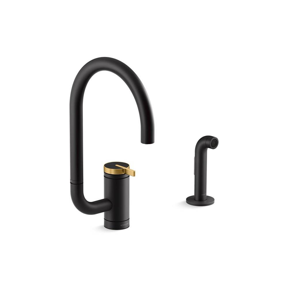 Kohler - Components Single-handle kitchen sink faucet with two-function extended-reach spout and side sprayer - Matte Black with Brushed Moderne Brass