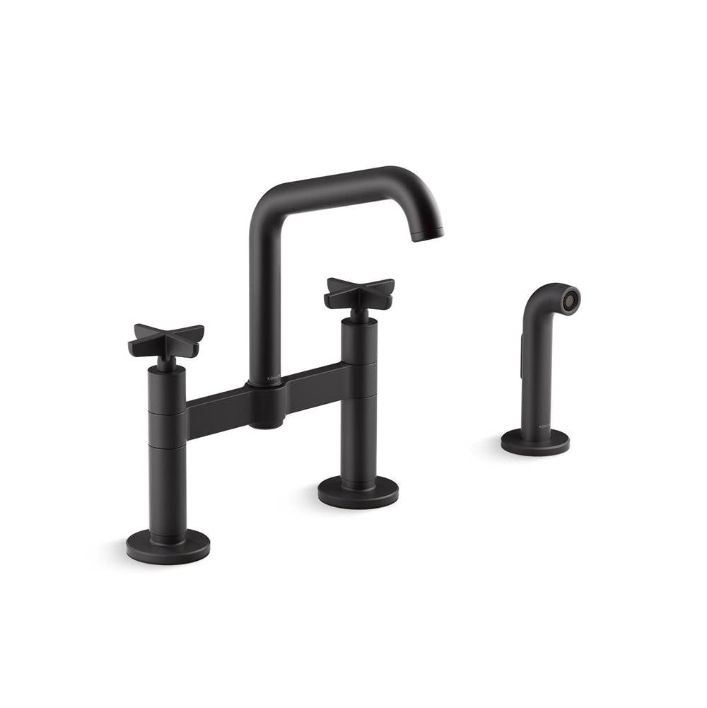 Kohler - BilletE Two-hole bridge kitchen sink faucet with side sprayer - Matte Black