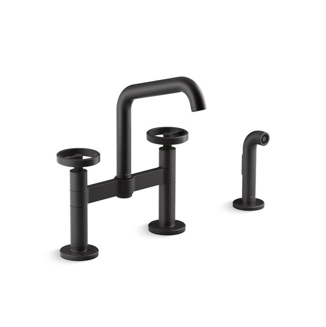 Kohler - BilletE Two-hole bridge kitchen sink faucet with side sprayer - Matte Black