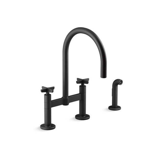 Kohler - BilletE Two-hole bridge kitchen sink faucet with side sprayer - Matte Black
