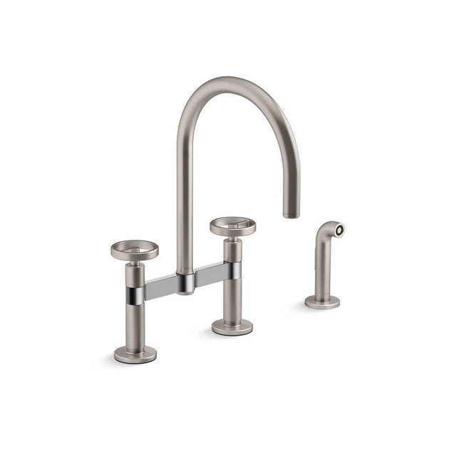Kohler - BilletE Two-hole bridge kitchen sink faucet with side sprayer - Vibrant Stainless