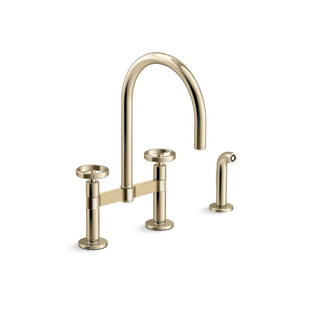Kohler - BilletE Two-hole bridge kitchen sink faucet with side sprayer - Vibrant French Gold