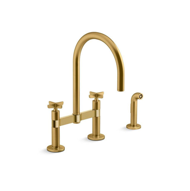 Kohler - BilletE Two-hole bridge kitchen sink faucet with side sprayer - Vibrant Brushed Moderne Brass