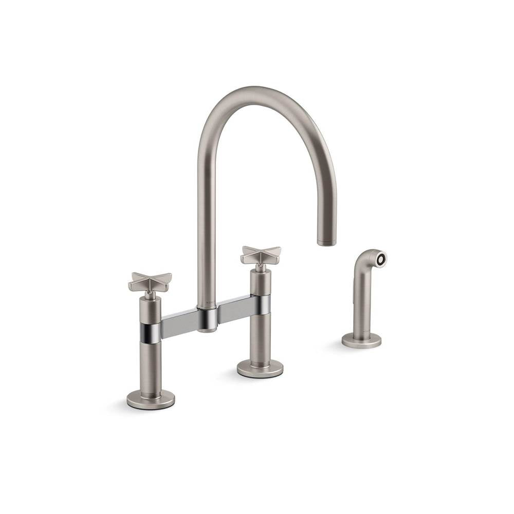 Kohler - BilletE Two-hole bridge kitchen sink faucet with side sprayer - Vibrant Stainless