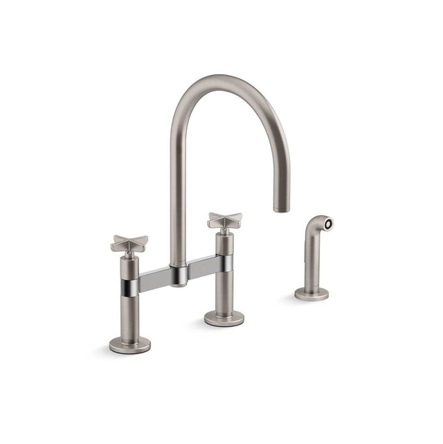 Kohler - BilletE Two-hole bridge kitchen sink faucet with side sprayer - Vibrant Stainless