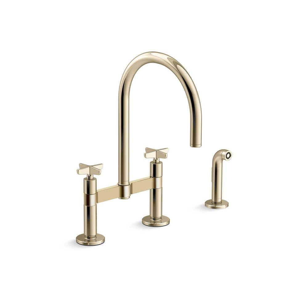 Kohler - BilletE Two-hole bridge kitchen sink faucet with side sprayer - Vibrant French Gold