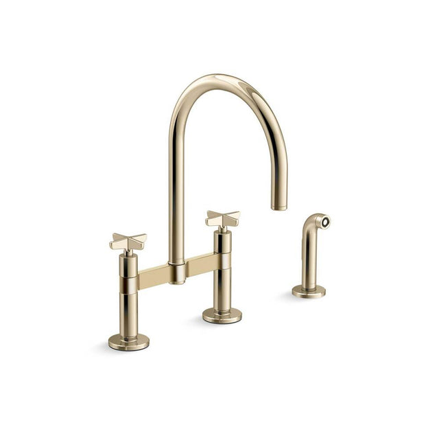 Kohler - BilletE Two-hole bridge kitchen sink faucet with side sprayer - Vibrant French Gold