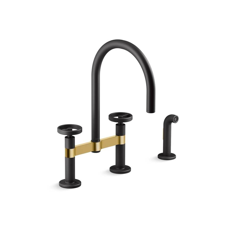Kohler - BilletE Two-hole bridge kitchen sink faucet with side sprayer - Matte Black with Brushed Moderne Brass