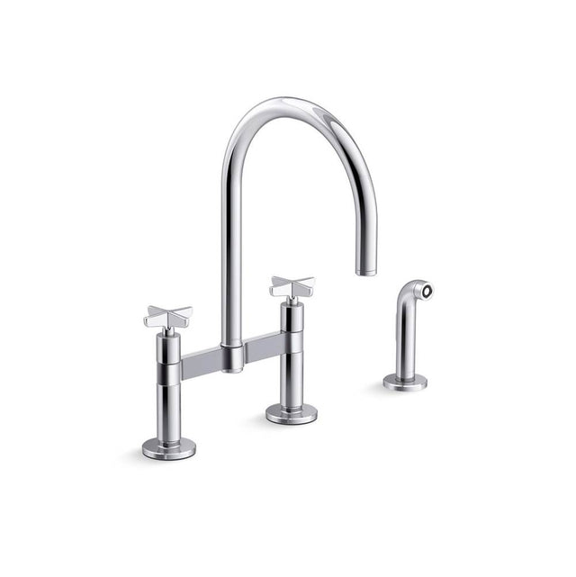 Kohler - BilletE Two-hole bridge kitchen sink faucet with side sprayer - Polished Chrome