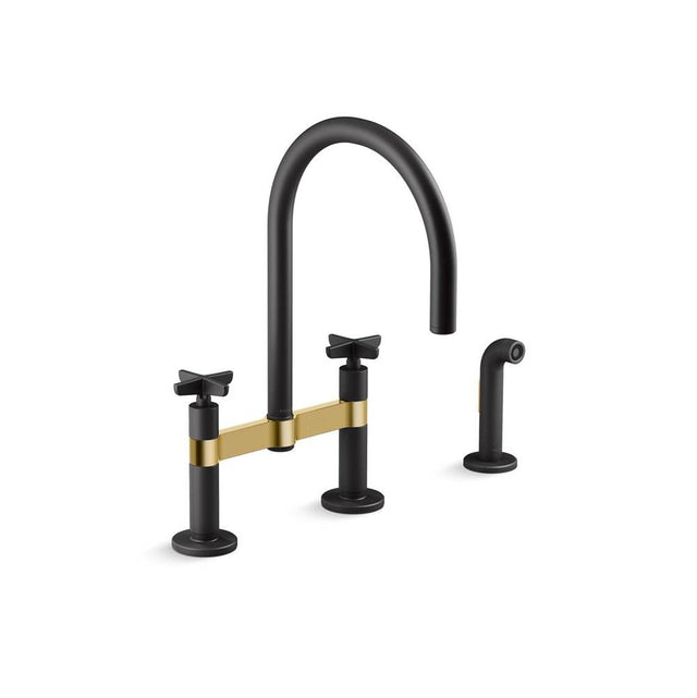 Kohler - BilletE Two-hole bridge kitchen sink faucet with side sprayer - Matte Black with Brushed Moderne Brass