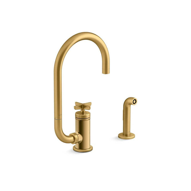 Kohler - BilletE Single-handle kitchen sink faucet with two-function extended-reach spout and side sprayer - Vibrant Brushed Moderne Brass