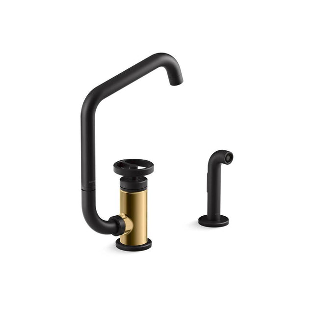 Kohler - BilletE Single-handle kitchen sink faucet with two-function extended-reach spout and side sprayer - Matte Black with Brushed Moderne Brass