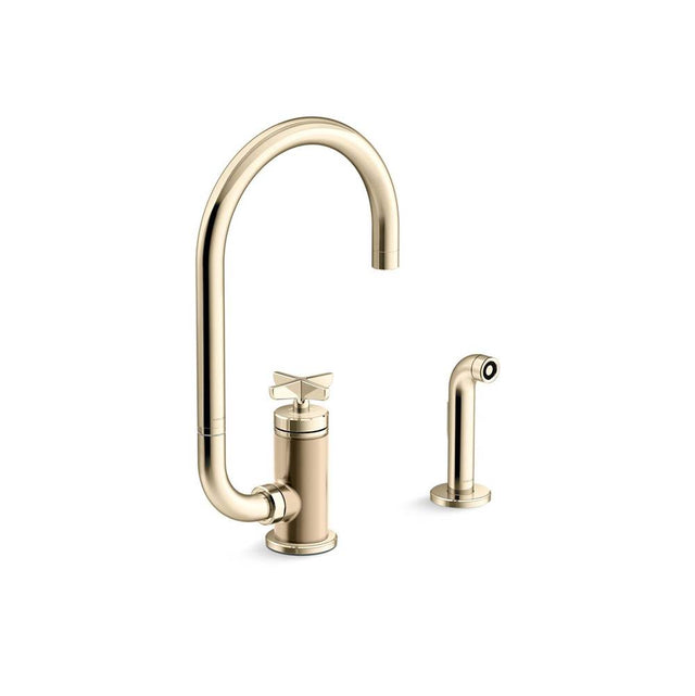 Kohler - BilletE Single-handle kitchen sink faucet with two-function extended-reach spout and side sprayer - Vibrant French Gold